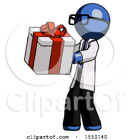 Blue Doctor Scientist Man Presenting a Present with Large Red Bow on It by Leo Blanchette