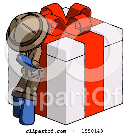 Blue Explorer Ranger Man Leaning on Gift with Red Bow Angle View by Leo Blanchette