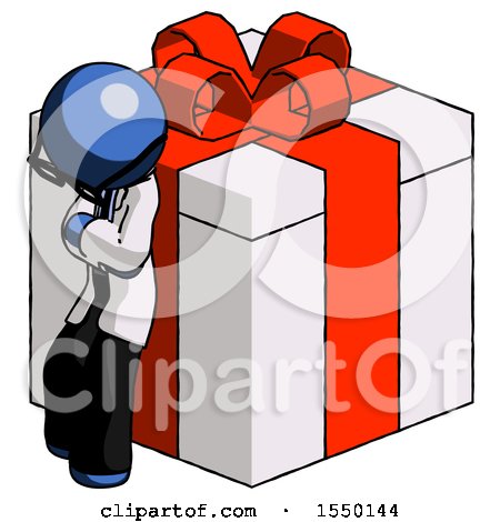 Blue Doctor Scientist Man Leaning on Gift with Red Bow Angle View by Leo Blanchette