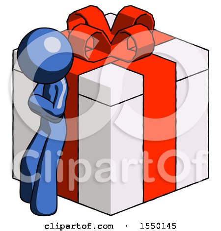 Blue Design Mascot Man Leaning on Gift with Red Bow Angle View by Leo Blanchette