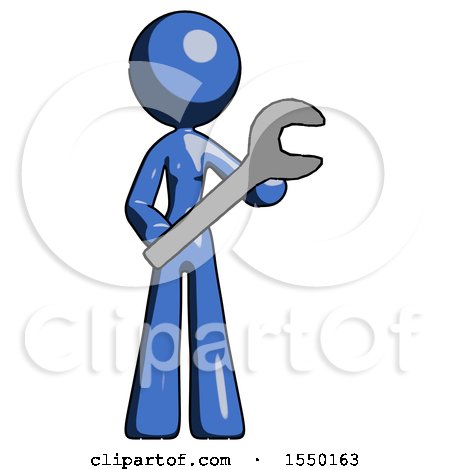 Blue Design Mascot Woman Holding Large Wrench with Both Hands by Leo Blanchette