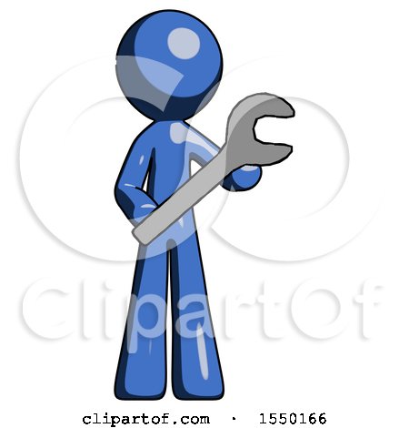 Blue Design Mascot Man Holding Large Wrench with Both Hands by Leo Blanchette