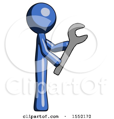 Blue Design Mascot Man Using Wrench Adjusting Something to Right by Leo Blanchette