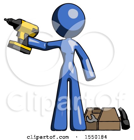 Blue Design Mascot Woman Holding Drill Ready to Work, Toolchest and Tools to Right by Leo Blanchette