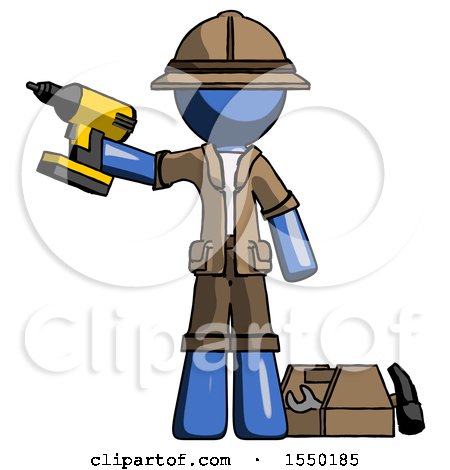 Blue Explorer Ranger Man Holding Drill Ready to Work, Toolchest and Tools to Right by Leo Blanchette