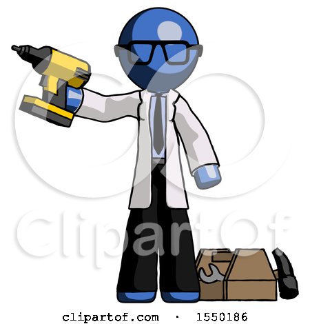 Blue Doctor Scientist Man Holding Drill Ready to Work, Toolchest and Tools to Right by Leo Blanchette
