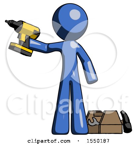 Blue Design Mascot Man Holding Drill Ready to Work, Toolchest and Tools to Right by Leo Blanchette