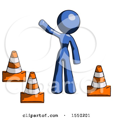 Blue Design Mascot Woman Standing by Traffic Cones Waving by Leo Blanchette