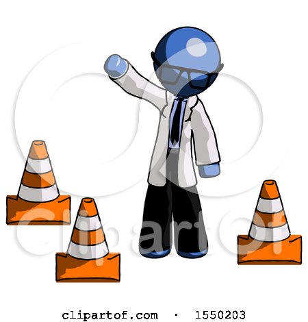 Blue Doctor Scientist Man Standing by Traffic Cones Waving by Leo Blanchette