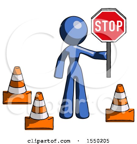 Blue Design Mascot Woman Holding Stop Sign by Traffic Cones Under Construction Concept by Leo Blanchette