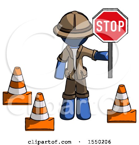 Blue Explorer Ranger Man Holding Stop Sign by Traffic Cones Under Construction Concept by Leo Blanchette
