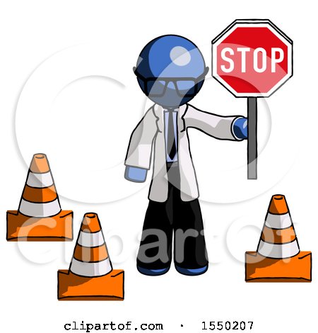 Blue Doctor Scientist Man Holding Stop Sign by Traffic Cones Under Construction Concept by Leo Blanchette