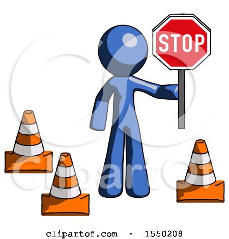 Blue Design Mascot Man Holding Stop Sign by Traffic Cones Under Construction Concept by Leo Blanchette