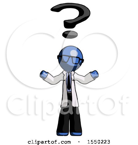Blue Doctor Scientist Man with Question Mark Above Head, Confused by Leo Blanchette