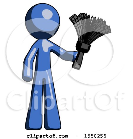 Blue Design Mascot Man Holding Feather Duster Facing Forward by Leo Blanchette