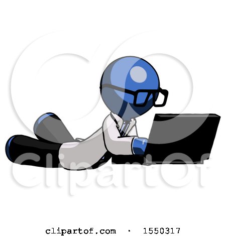 Blue Doctor Scientist Man Using Laptop Computer While Lying on Floor Side Angled View by Leo Blanchette