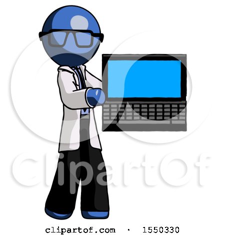 Blue Doctor Scientist Man Holding Laptop Computer Presenting Something on Screen by Leo Blanchette