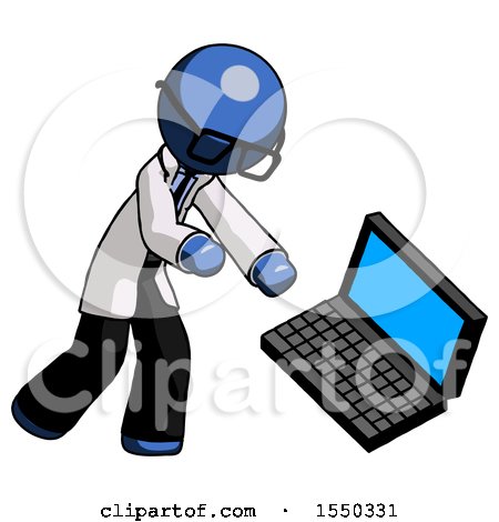 Blue Doctor Scientist Man Throwing Laptop Computer in Frustration by Leo Blanchette