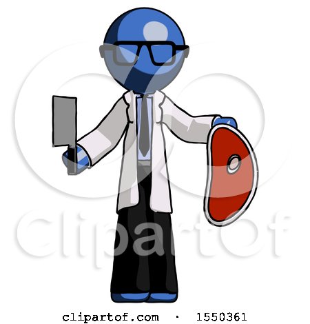 Blue Doctor Scientist Man Holding Large Steak with Butcher Knife by Leo Blanchette