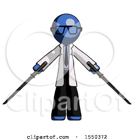 Blue Doctor Scientist Man Posing with Two Ninja Sword Katanas by Leo Blanchette