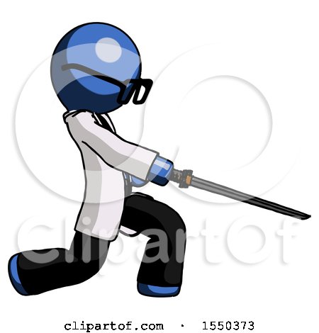 Blue Doctor Scientist Man with Ninja Sword Katana Slicing or Striking Something by Leo Blanchette