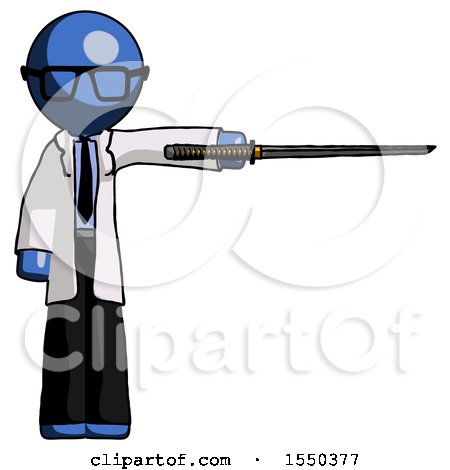 Blue Doctor Scientist Man Standing with Ninja Sword Katana Pointing Right by Leo Blanchette