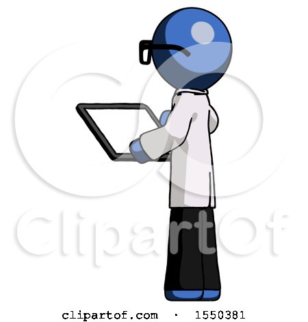 Blue Doctor Scientist Man Looking at Tablet Device Computer with Back to Viewer by Leo Blanchette