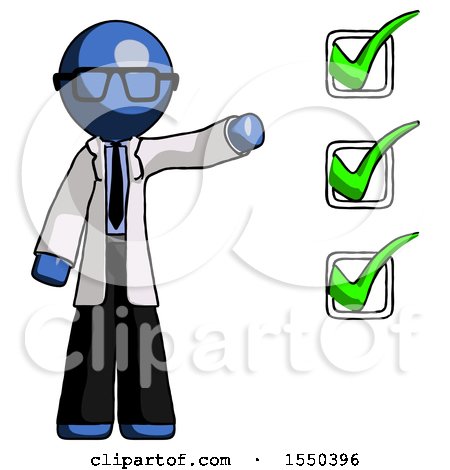 Blue Doctor Scientist Man Standing by List of Checkmarks by Leo Blanchette