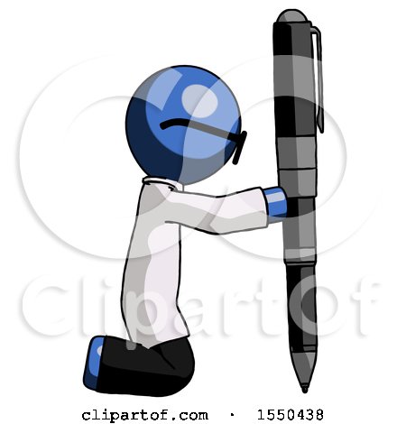 Blue Doctor Scientist Man Posing with Giant Pen in Powerful yet Awkward Manner. by Leo Blanchette