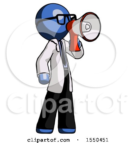Blue Doctor Scientist Man Shouting into Megaphone Bullhorn Facing Right by Leo Blanchette