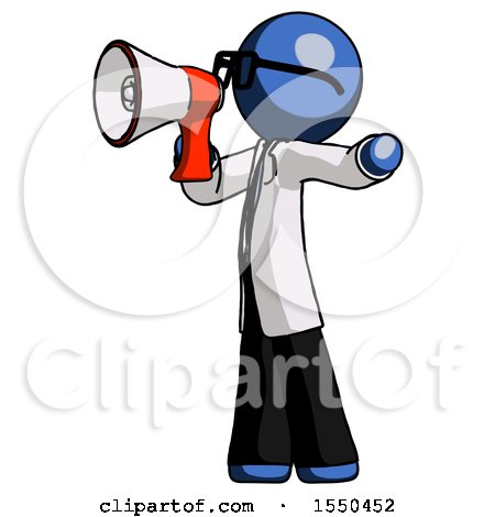 Blue Doctor Scientist Man Shouting into Megaphone Bullhorn Facing Left by Leo Blanchette