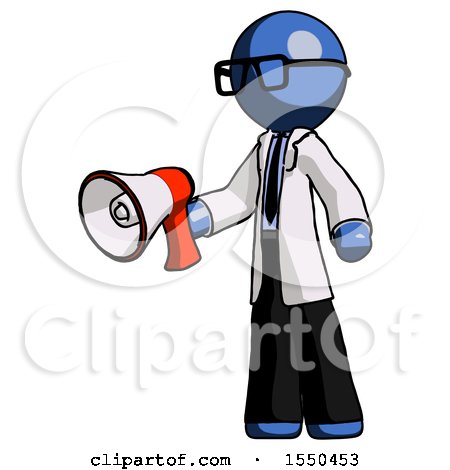 Blue Doctor Scientist Man Holding Megaphone Bullhorn Facing Right by Leo Blanchette
