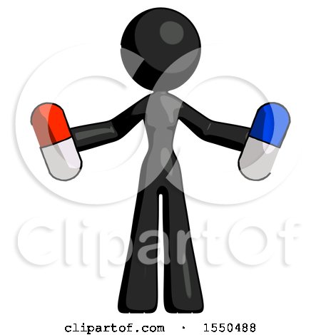 Black Design Mascot Woman Holding a Red Pill and Blue Pill by Leo Blanchette