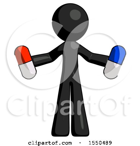 Black Design Mascot Man Holding a Red Pill and Blue Pill by Leo Blanchette