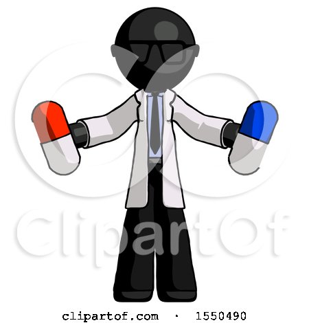 Black Doctor Scientist Man Holding a Red Pill and Blue Pill by Leo Blanchette
