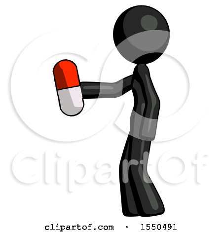 Black Design Mascot Woman Holding Red Pill Walking to Left by Leo Blanchette