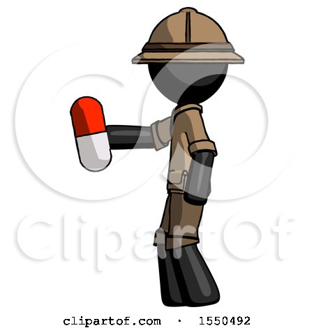 Black Explorer Ranger Man Holding Red Pill Walking to Left by Leo Blanchette