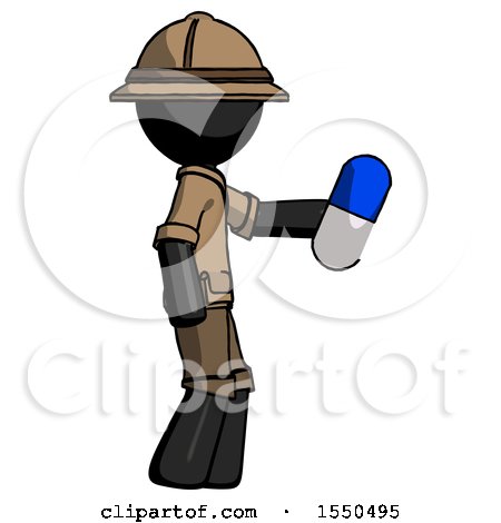 Black Explorer Ranger Man Holding Blue Pill Walking to Right by Leo Blanchette