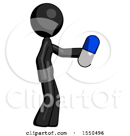 Black Design Mascot Woman Holding Blue Pill Walking to Right by Leo Blanchette