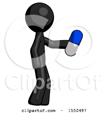 Black Design Mascot Man Holding Blue Pill Walking to Right by Leo Blanchette