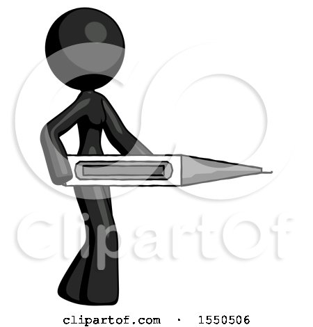 Black Design Mascot Woman Walking with Large Thermometer by Leo Blanchette