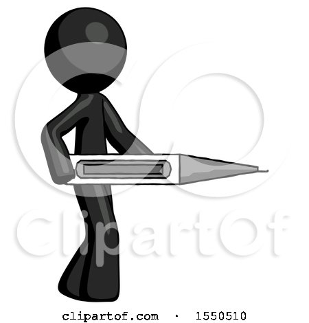 Black Design Mascot Man Walking with Large Thermometer by Leo Blanchette