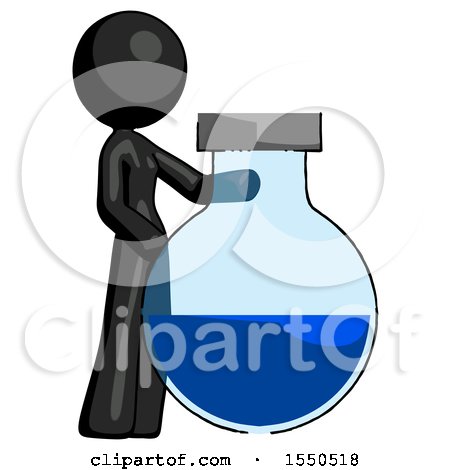 Black Design Mascot Woman Standing Beside Large Round Flask or Beaker by Leo Blanchette
