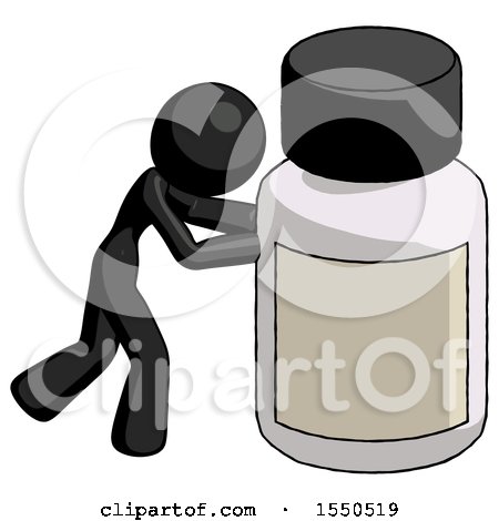 Black Design Mascot Woman Pushing Large Medicine Bottle by Leo Blanchette