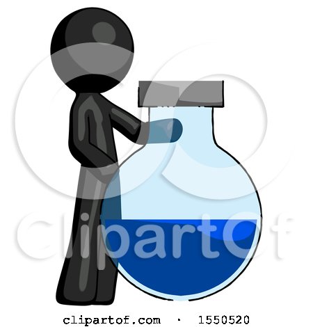 Black Design Mascot Man Standing Beside Large Round Flask or Beaker by Leo Blanchette