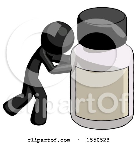 Black Design Mascot Man Pushing Large Medicine Bottle by Leo Blanchette