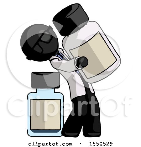Black Doctor Scientist Man Holding Large White Medicine Bottle with Bottle in Background by Leo Blanchette