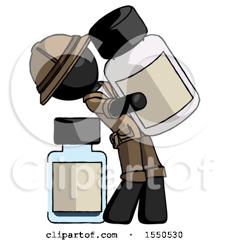 Black Explorer Ranger Man Holding Large White Medicine Bottle with Bottle in Background by Leo Blanchette