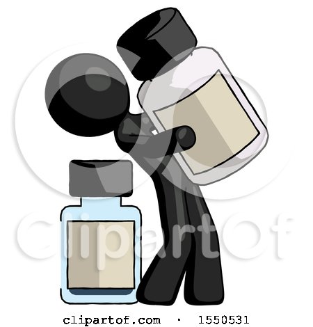 Black Design Mascot Man Holding Large White Medicine Bottle with Bottle in Background by Leo Blanchette
