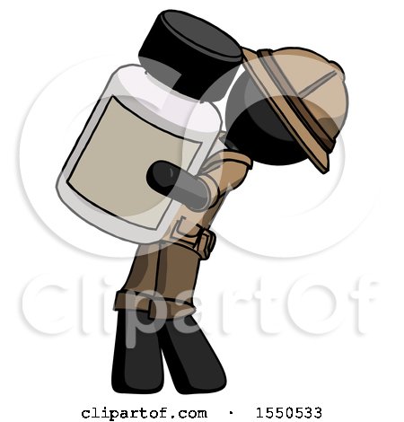 Black Explorer Ranger Man Holding Large White Medicine Bottle by Leo Blanchette